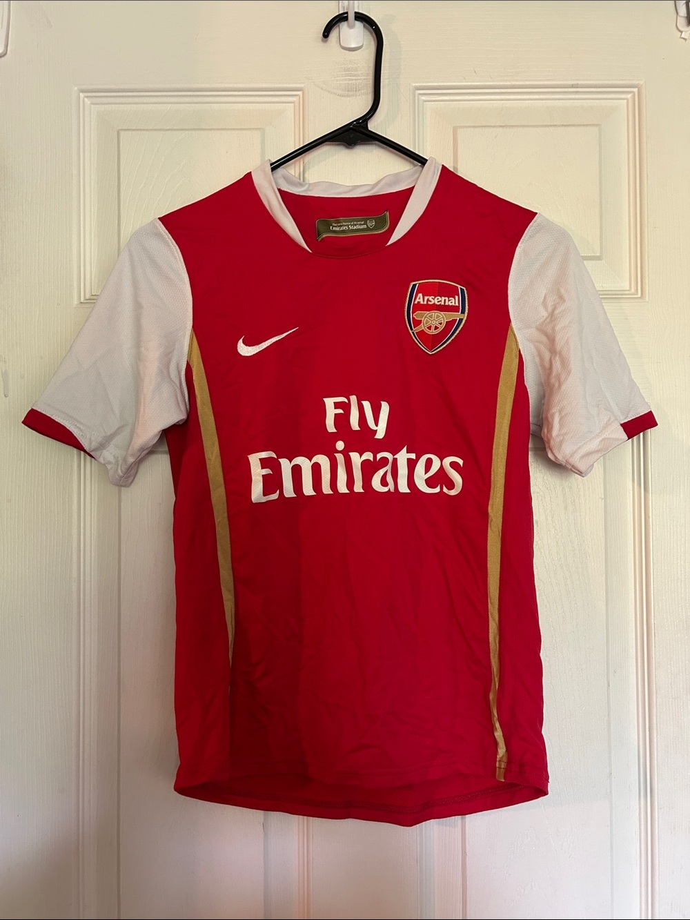 Nike Arsenal Red and White Men's Football Jersey with Gold Trim